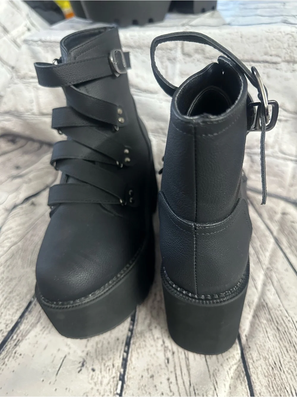 Women's Black Platform Ankle Boots with Buckle Straps